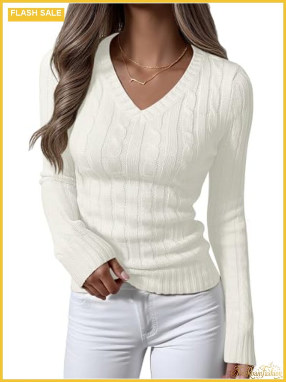 Women's Cable Knit V Neck Long Sleeve Fitted Pullover Sweater